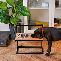 Подставка с мисками для собак регулируемая, металлические миски для собак на деревянной подставке NL/Black