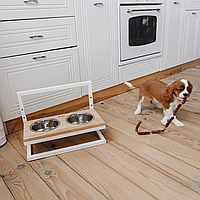 Подставка с мисками для собак регулируемая, металлические миски для собак на деревянной подставке NL/White