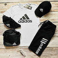 Комплект мужской летний Adidas Шорты Футболка Кепка Сумка Бананка Спортивный костюм Адидас 5в1 на лето белый