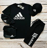 Комплект мужской летний Adidas Шорты Футболка Кепка Сумка Бананка Спортивный костюм Адидас 5в1 на лето черный