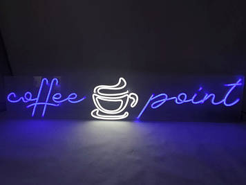 Неонова вивіска Coffee Point 900х170 мм світлодіодна з блоком живлення та пультом