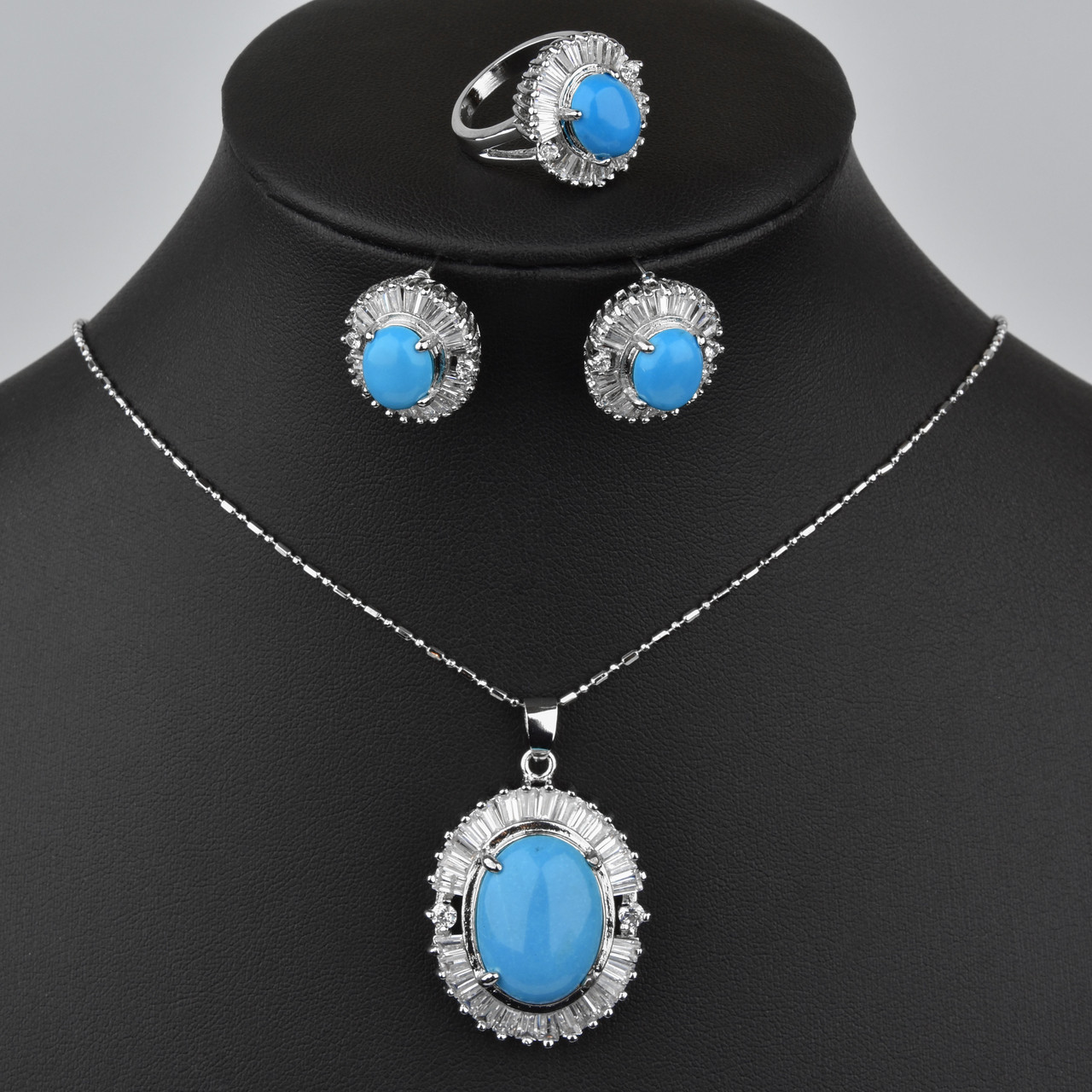 Серги гвоздики 20 мм овали. кулон овал 30 мм. кільце овал 20 мм. бірюза з білими кристалами ланцюг 18 KGP срібло