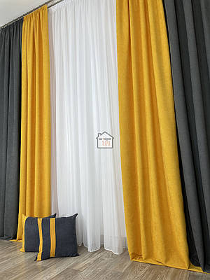 Штори для залу Мікровелюр комплект Duo №3 колір "графіт+жовтий" Двоколірні Однотонні 2 штори