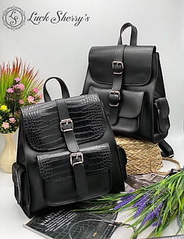 Рюкзак жіночий міський з клапаном та кишенями 27*27 см штучна шкіра Nata Чорна рептилія