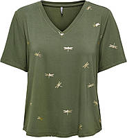 Футболка ONLFLORA S/S FOIL TOP JRS 15273576-Olive Night-Detail:Gun metal foil ONLY S Хаки