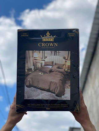 Євро комплект постільної білизни Сатин Бавовна-Crown коричневий, фото 1