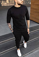 Мужской черный комплект футболка и штаны, мужской однотонный набор штаны на манжетах и футболка