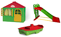 АКЦИЯ НАБОР Детский игровой пластиковый домик со шторками, большая пластиковая горка и песочница ТМ Doloni