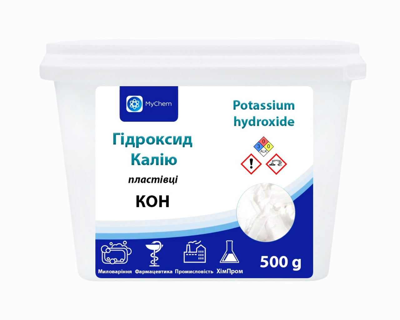 Гідроксид калію MyChem 500 г (пластівці, їдкий калій)