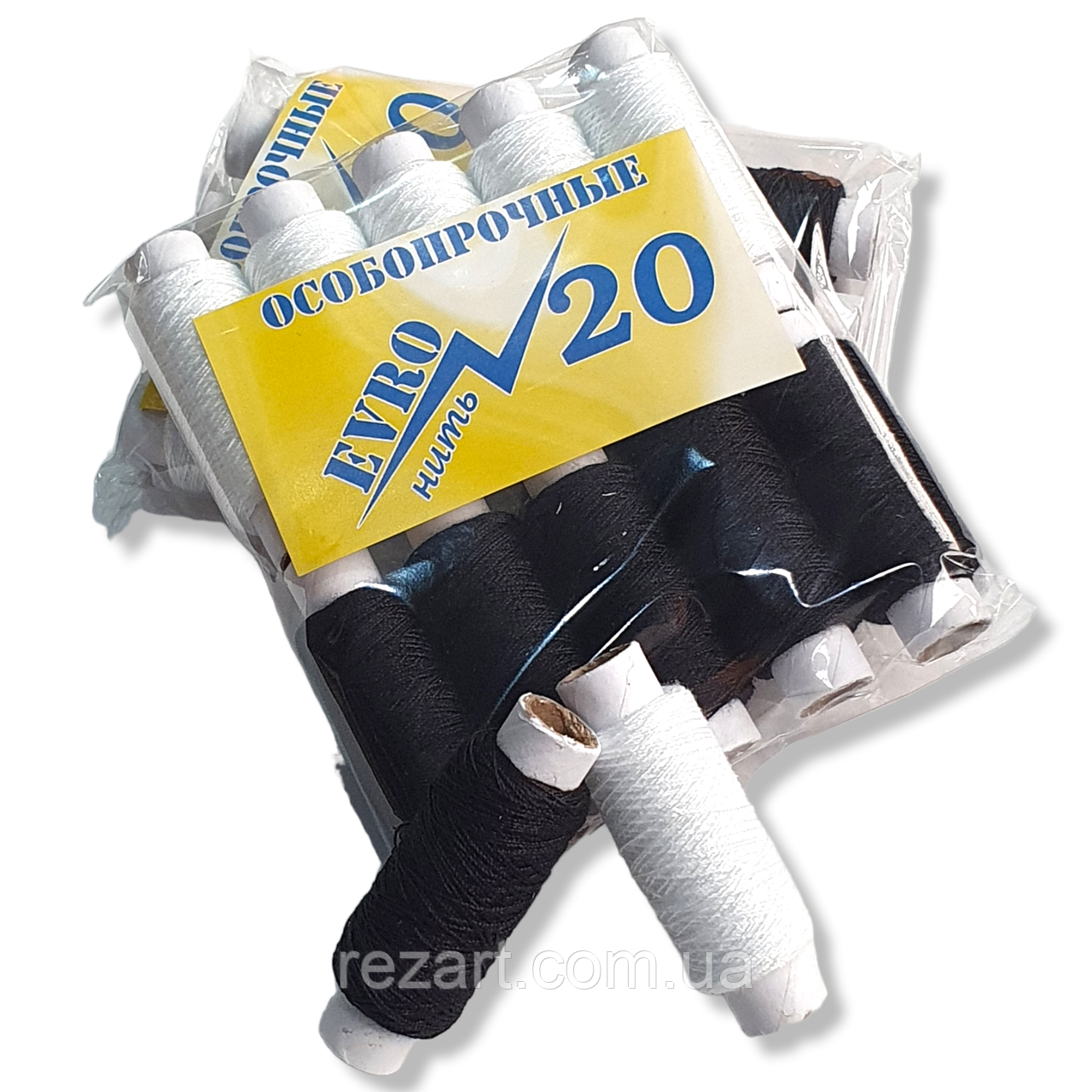 Нитки особливо міцні армовані поліестерові No20, чорні/білі, довжина 200 м, паковання 10 шт.