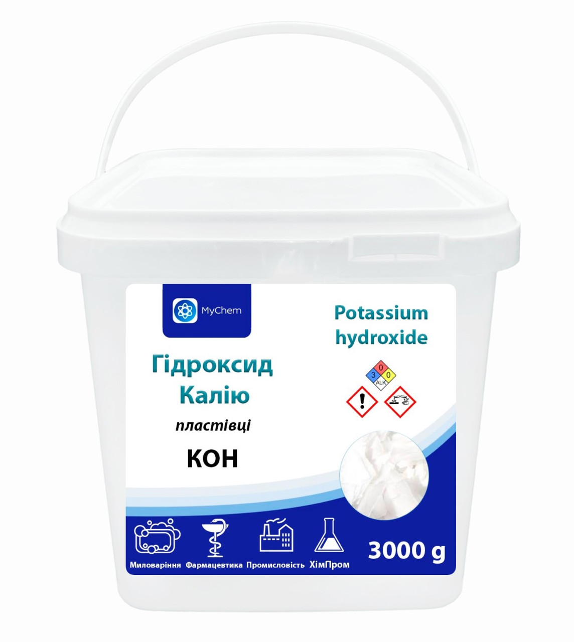 Гідроксид калію MyChem 3 кг (пластівці, їдкий калій)