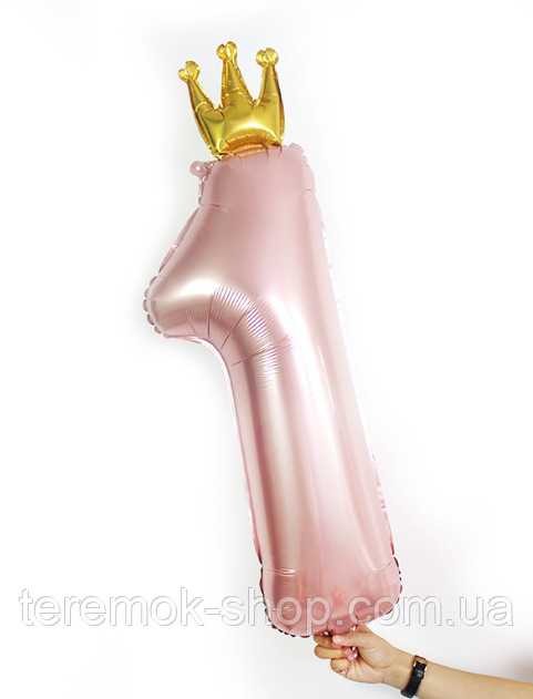Фольгована цифра 1 рожеве золото, куля цифра 85 см із золотою коронкою на один рік, фото 1