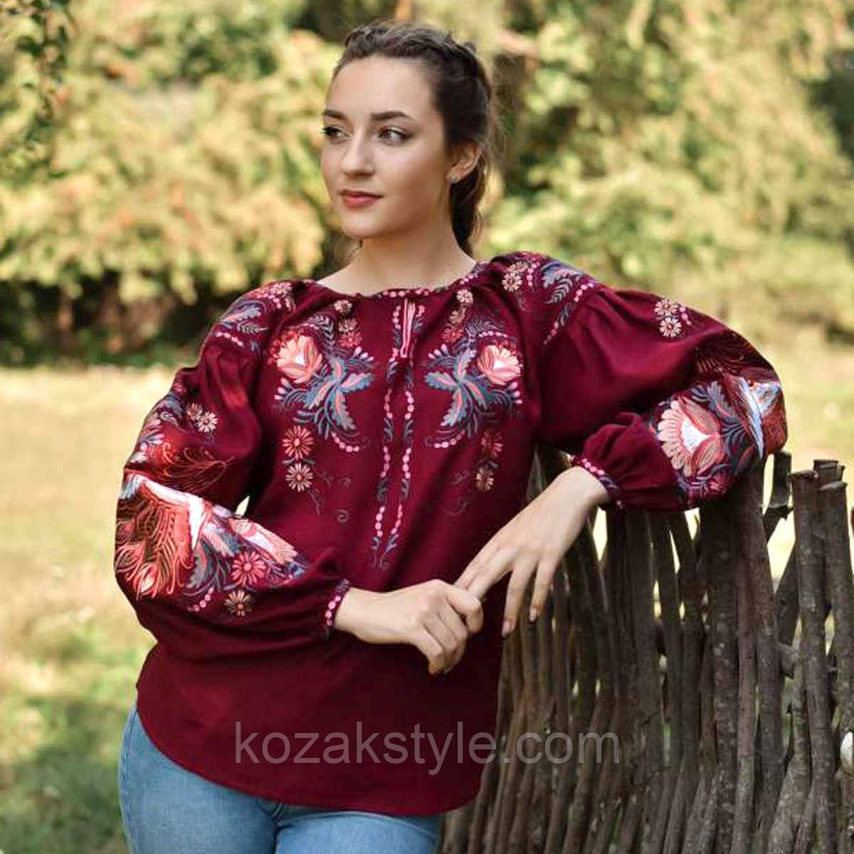 Вишиванка жіноча Петриківська бордова льон
