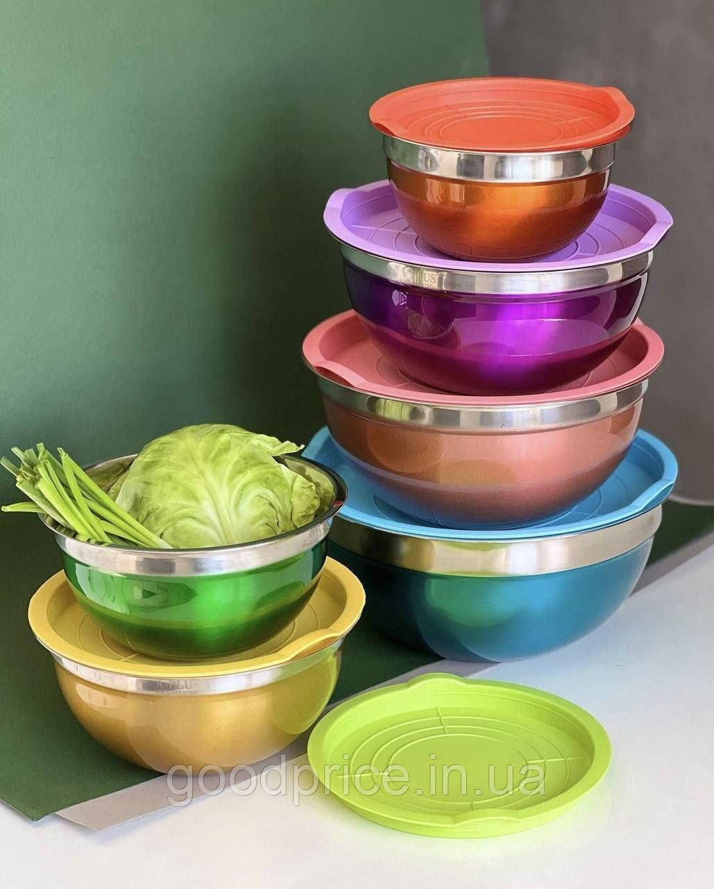 Набор салатниц судочков из нержавеющей стали с крышками 6 шт Salad Bowl контейнеры для хранения продуктов - фото 2 - id-p1848213215