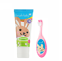 Набор Brush-Baby Floss Brush от 0 до 3 лет (паста 50 мл зайчик+щетка розовая)