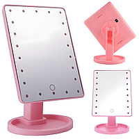 Сенсорное зеркало с LED подсветкой (22x17 см) NJ-230, на батарейках, Розовое / Косметическое зеркало настольное