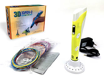 3D ручка Жовта з LCD дисплеєм та набором еко пластику PLA для 3Д малювання 3D (9 кольорів пластику)