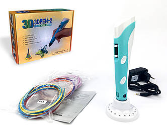 3D ручка Блакитний з LCD дисплеєм та набором еко пластику PLA для 3Д малювання 3D (9 кольорів пластику)