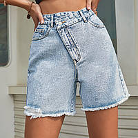 Шорты женские джинсовые удлиненные с высокой талией и ассиметричной застежкой Шорты с необработанным краем