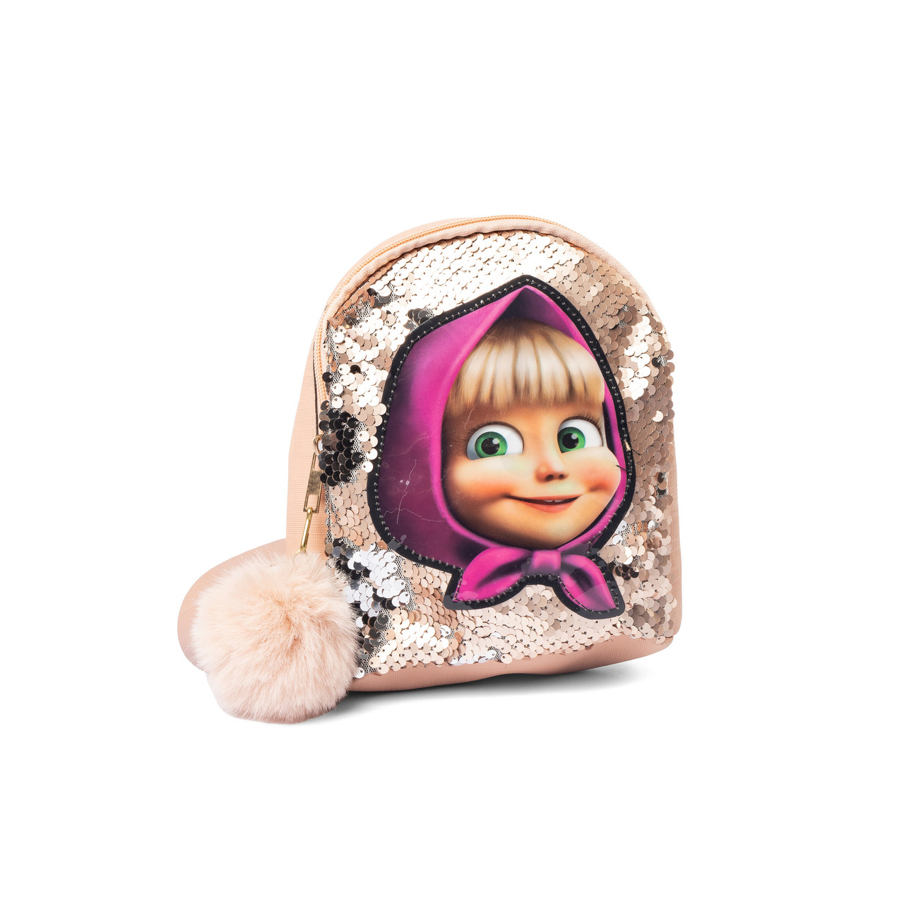 Рюкзак дитячий Маша з паєтками та хутряним помпоном Рюкзачок для дівчинки Бежевий