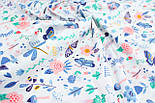 Бавовняна тканина "Метелики та жучки з квіточками та гілочками" на білому тлі №3091, фото 3