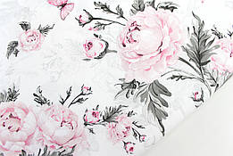 Бавовняна тканина "Півонії та метелики" рожево-сірі на білому тлі №3092