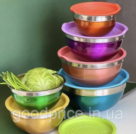 Набор салатниц судочков из нержавеющей стали с крышками 6 шт Salad Bowl контейнеры для хранения продуктов - фото 10 - id-p1848213215