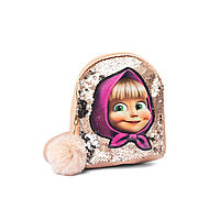 Рюкзак детский с пайетками и меховым помпоном рюкзачок для девочки с Машей Бежевый