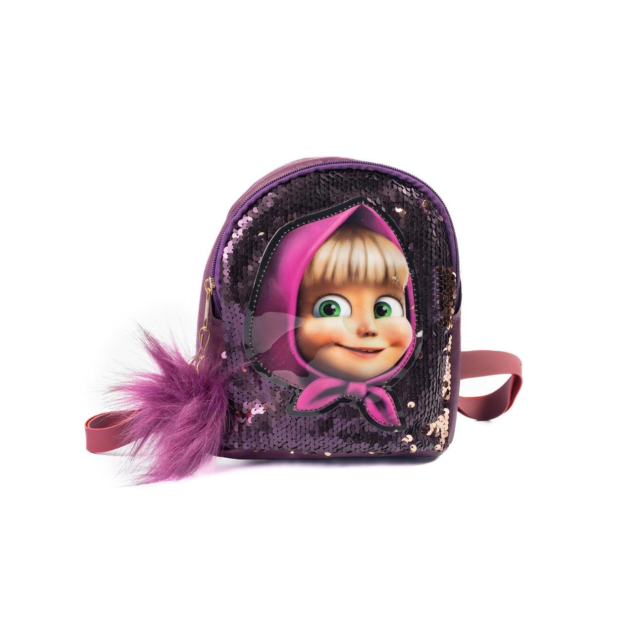Рюкзак дитячий з паєтками та хутряним помпоном Рюкзачок для дівчинки з Машею Фіолетовий