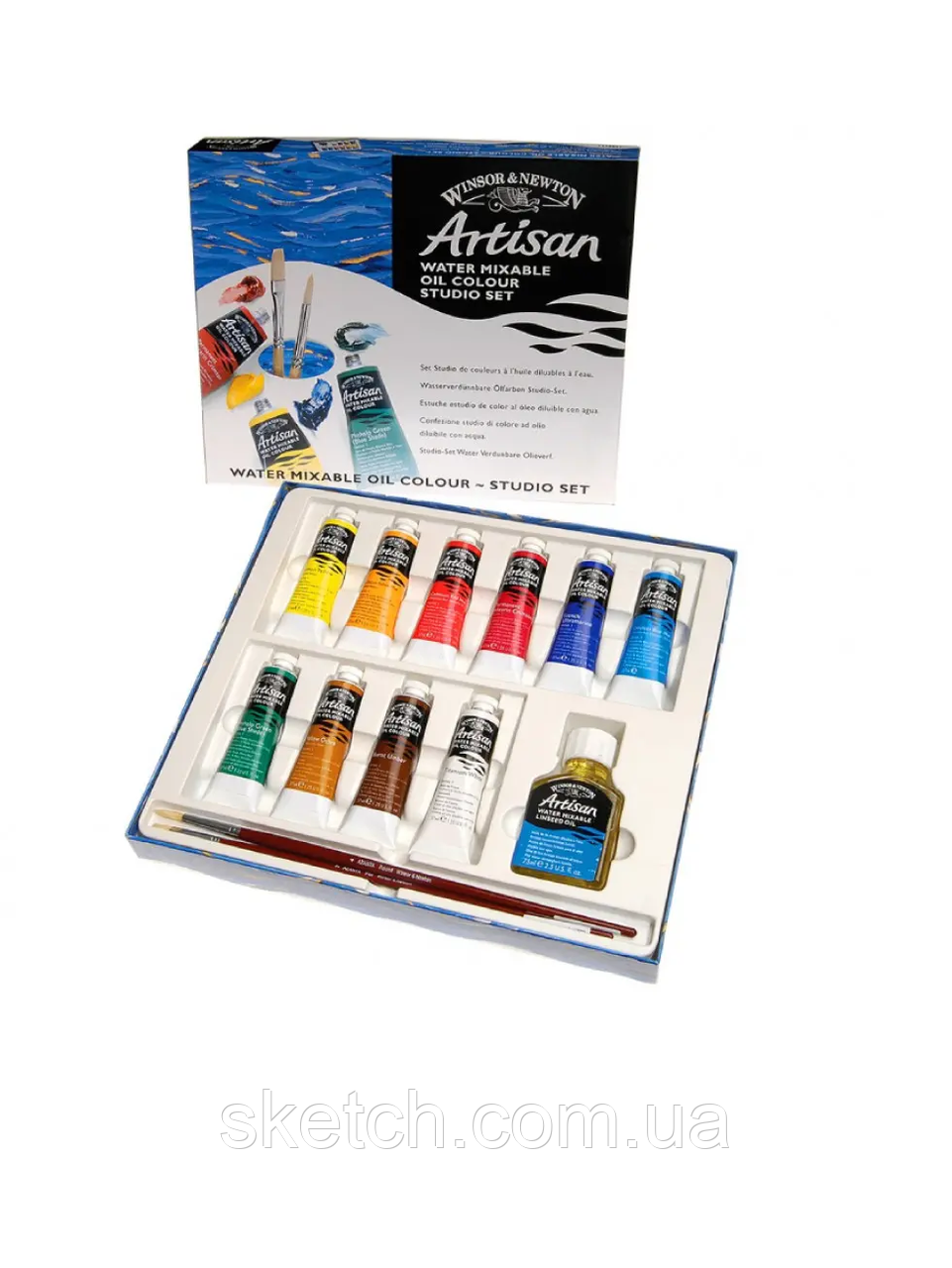Набір водорозчинних олійних фарб Winsor&Newton Artisan, 10 кольорів по 37мл + лляна олія та кисть