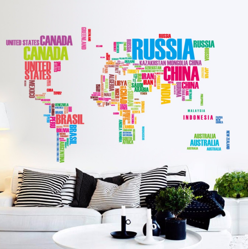 Наклейка на стіну в офіс Карта світу словами (лист 60 х 90 см) Б228