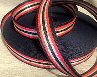 Тесьма сумочная 4 см (50 м) темно синяя с красными и белой полосой