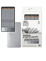 Набор графитовых карандашей Studio Collection Medium Graphite Pencil, Winsor&Newton, 12шт, металл