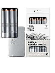 Набір олівців графітових Studio Collection Medium Graphite Pencil, Winsor&Newton,12 шт, метал