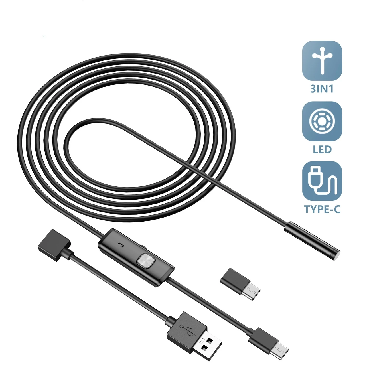 3 в 1 Камера ендоскоп 1.5 метра 5.5 мм USB/micro USB/Type C бороскоп, м'який дріт