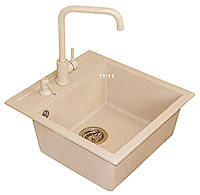 Гранітна квадратна мийка для кухні AquaMill TORONTO LUX бежева + змішувач + дозатор + сифон