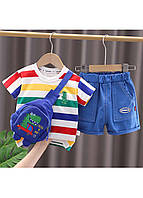 Детский летний костюм тройка (футболка, шорты, сумка) разноцветный, летний костюм для мальчика с сумкой