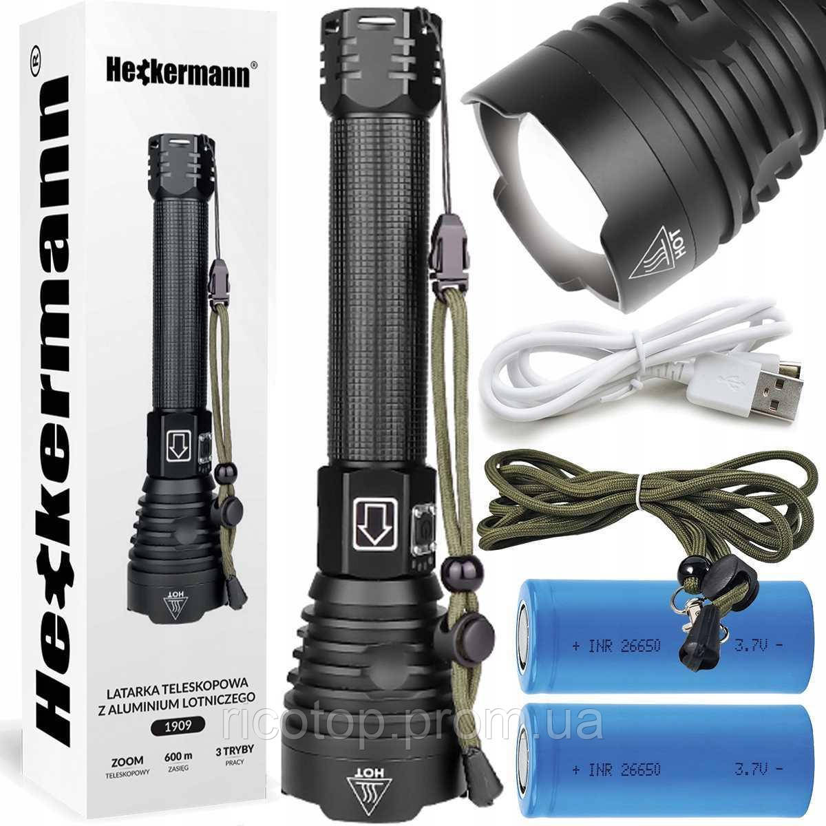ТАКТИЧНИЙ Ліхтар HECKERMANN LED ZOOM USB XHP90 5000 мАг 9000L