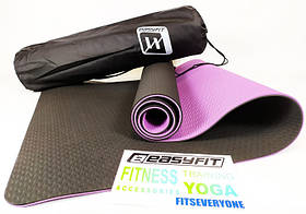 Килимок для йоги та фітнесу 6 мм EasyFit TPE+TC двошаровий + Чохол чорний із фіолетовим
