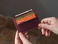 Кожаный картхолдер, мини кошелек для карточек из натуральной кожи марсала