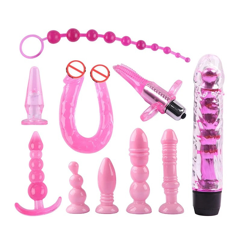 Набір секс-іграшок для дорослих 10 в 1 вібратор, анальна пробка, віброязик, анальний ланцюжок рожевий