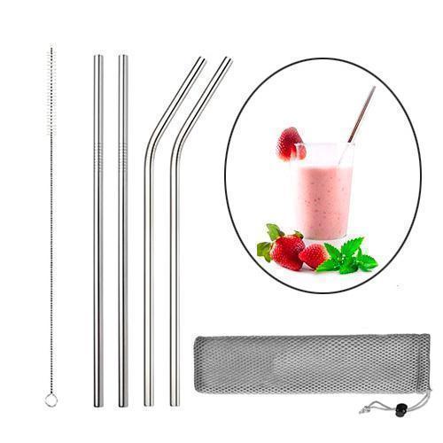 Набір з 4 металевих еко соломинок трубочок для напоїв, срібло, з йоршиком і сумкою-чохлом
