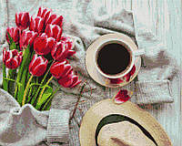 Алмазна мозаїка на дерев'яному підрамнику 40х50 "Чашка кави та рожеві тюльпани" DBS1048