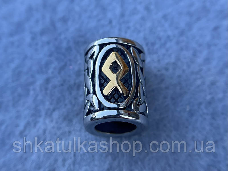 Намистина-Руна Отілія з золотом 13*10мм d=6мм, нержавіюча сталь, фото 1