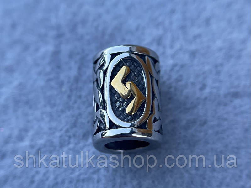 Намистина-Руна Йер з золотом 13*10мм d=6мм, нержавіюча сталь, фото 1