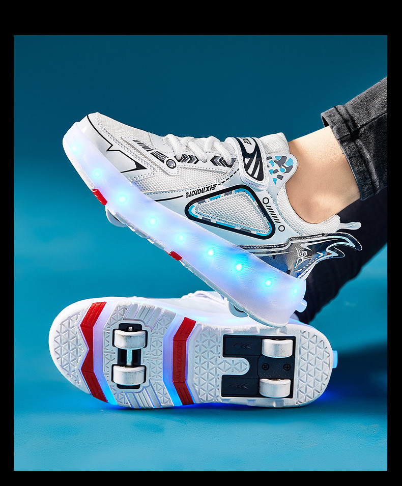 Роликовые светящиеся кроссовки Led на 4 колесах, USB зарядка, премиум качество, белые (RKL-28) - фото 9 - id-p1656846345