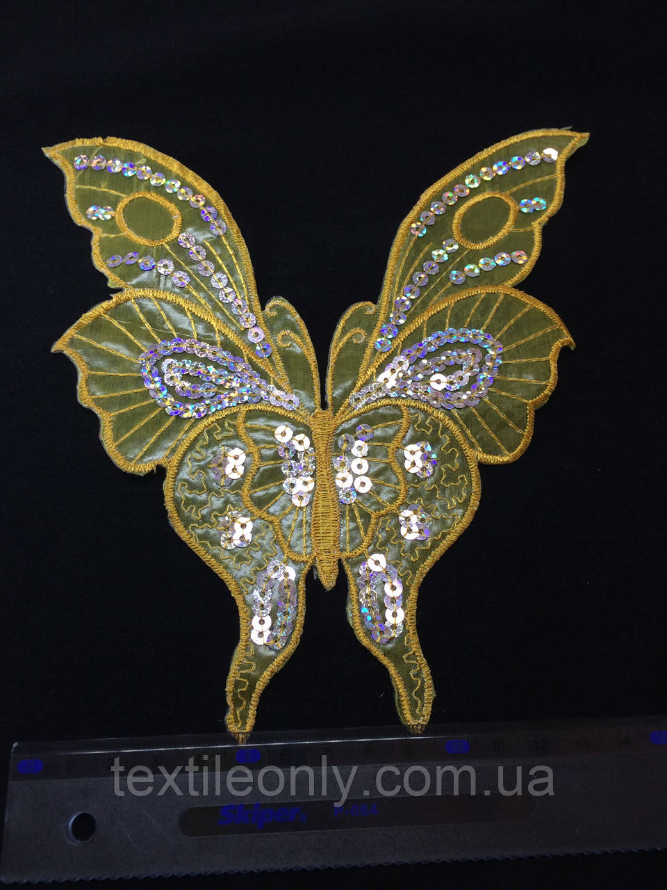 Аплікація зі срібними паєтками метелик колір золото 177х185 мм