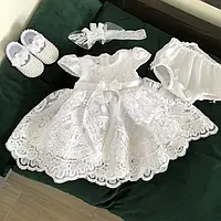 Белый кружевной комплект для крещения: платье, трусики, повязочка, пинетки.
