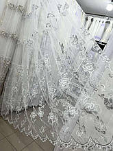 Ніжний фатиновий тюль із квітковою вишивкою No1666 оптом Сірий