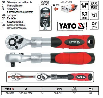 Вороток-трещітка телескоп L-150-200 мм 1/4" YATO YT-0297